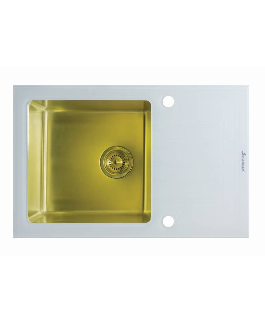 Мойка Eco Glass SMG-780W Gold 78х50 см, два отверстия, с вентиль-автоматом SMG-780W-Gold.B - фото 1