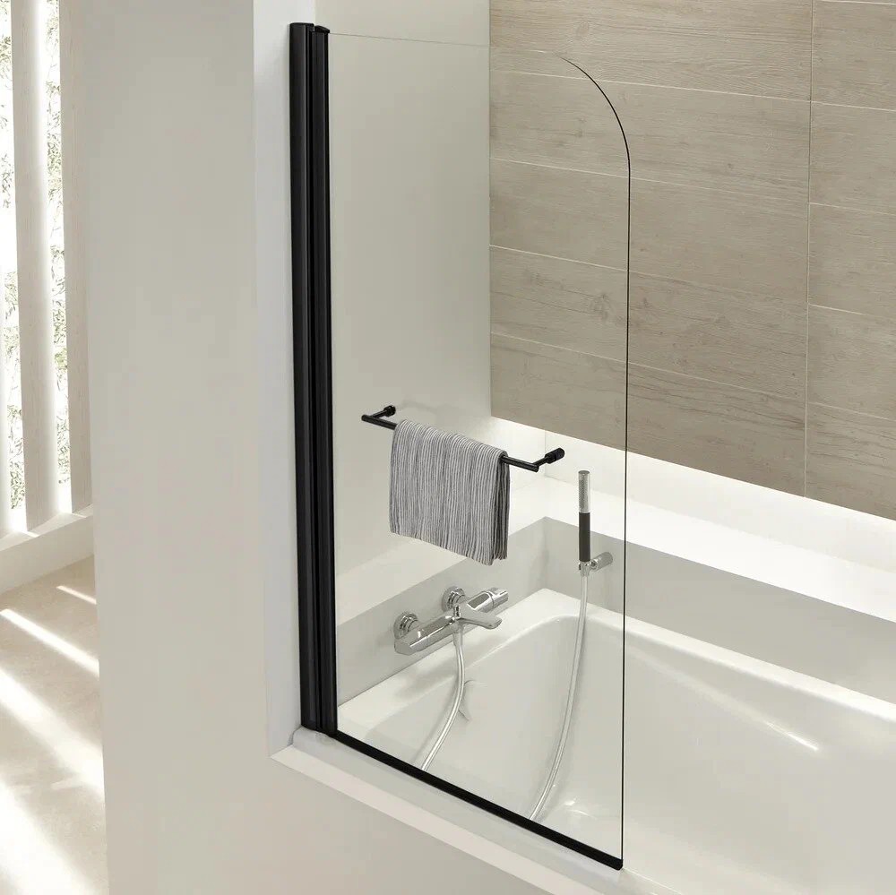 Шторка для ванны Odeon Up E4932-BL, 80 см, с полотенцедержателем, профиль черный