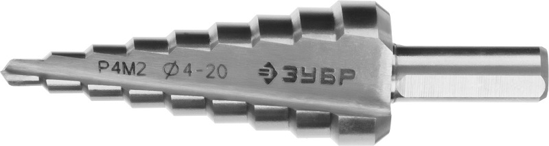 Сверло ступенчатое Зубр 29665-4-20-9 4-20мм, HSS-R, быстрорежущая сталь М2(S6-5-2) Р6М5, класс А 9 ступеней