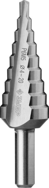 Сверло ступенчатое Зубр 29670-4-20-9_z01 4-20мм, HSS-R, быстрорежущая сталь М2(S6-5-2) Р6М5, класс А 9 ступеней