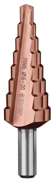 Сверло ступенчатое Зубр Cobalt 29672-4-12-5_z01 4-12мм, HSS-R, быстрорежущая сталь М2(S6-5-2) Р6М5, класс А 5 ступеней, кобальтовое покрытие