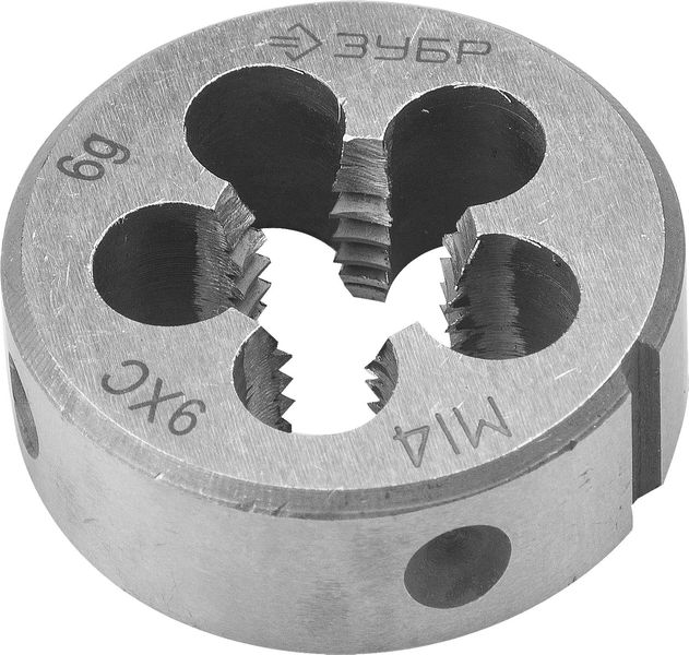 Плашка Зубр 4-28022-14-1.5 сталь 9ХС круглая ручная, М14x1.5мм