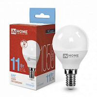Лампа светодиодная In Home LED-ШАР-VC, 4690612024929, 11 Вт, шар 6500 К, холодный белый E 14, 1050 Лм от Водопад  фото 1